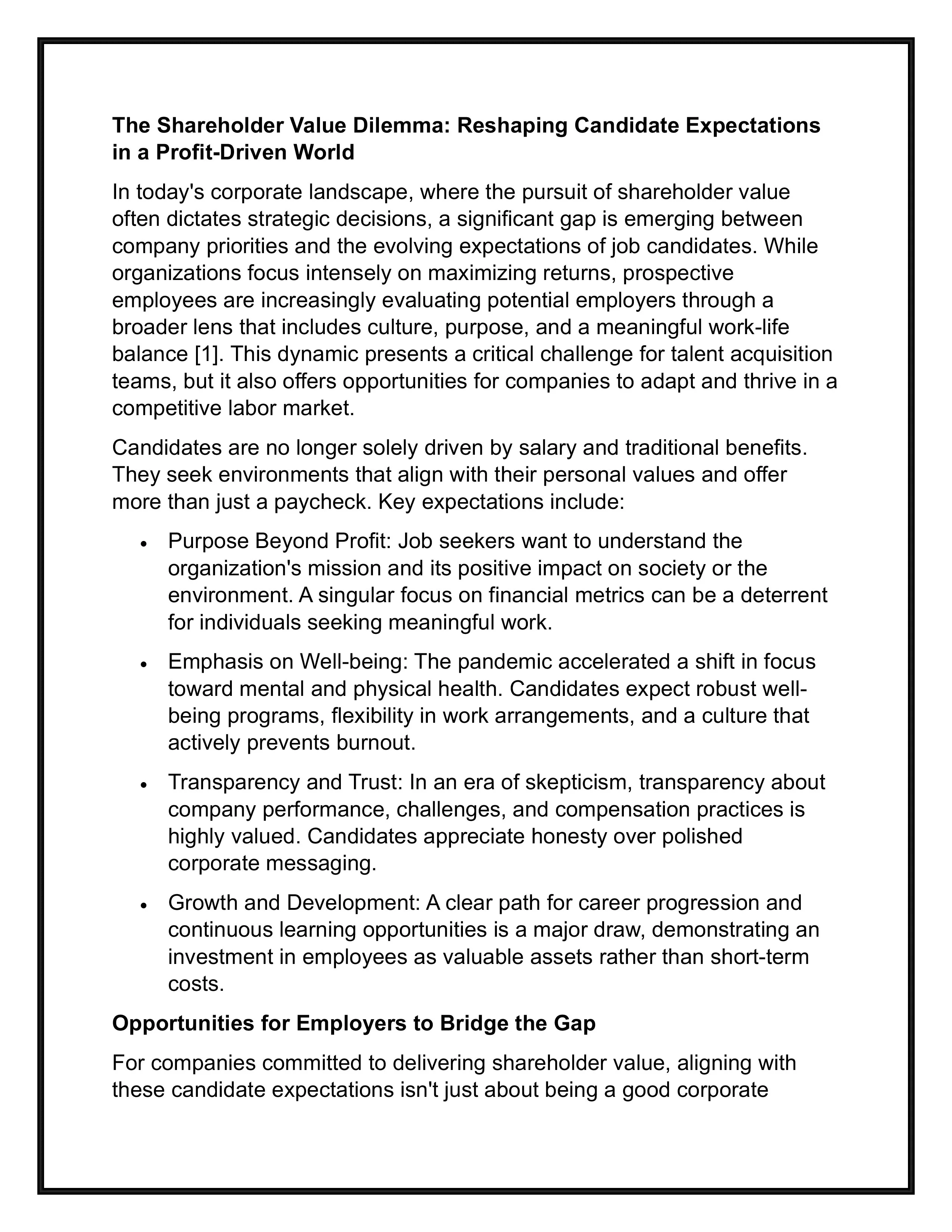 Candidate Expectation Shareholder Report